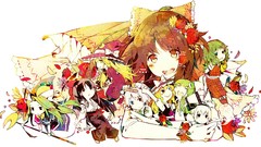 Flowers moon weapons dress hats Chibi staff white hair bows 