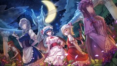 Flowers moon wings dress braid red eyes blondes blue hair anime 