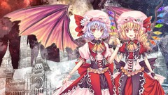 Flowers moon wings dress hats red eyes blondes long hair anime 