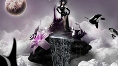 Flowers moon woman Whales surreal black leather