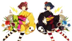 Flowers Music blue hair blue eyes brown eyes Japanese clothes 