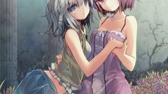 Flowers nature grass ruins red eyes skirts barefoot gray eyes 