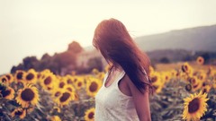 Flowers nature Sunflowers woman brunettes