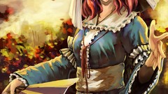 Flowers nature Trees grass dress hats red eyes fans anime girls 