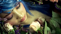 Flowers nature woman asians blue hair artwork