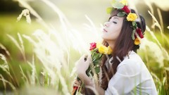 Flowers nature woman asians brunettes