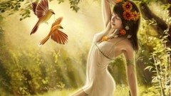 Flowers nature woman Birds dress white dress artwork