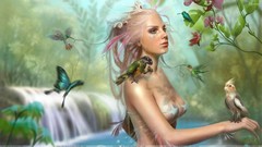 Flowers nature woman Birds fantasy art