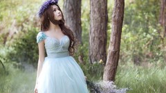 Flowers nature woman dress Chinese asians brunettes hair 