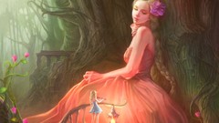 Flowers nature woman Fairies dress sitting blondes violins 