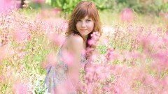 Flowers nature woman fields blue eyes redheads
