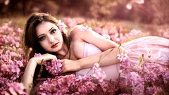 Flowers nature woman lips brunettes white dress