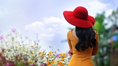 Flowers nature woman long hair brunettes Red Hat yellow dress