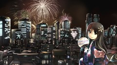 Flowers night Anime fireworks fans brown eyes yukata scenic 