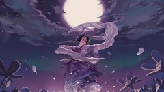 Flowers night clouds moon dress red eyes dancing long hair 