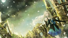 Flowers night moon Anime ruins dress white hair anime girls 