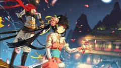 Flowers night moon Katana red eyes male long hair anime girls 