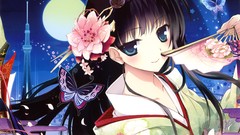 Flowers night moon kimono long hair anime girls blue eyes black 