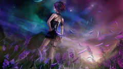 Flowers night Stars moon woman red eyes outdoors skirts anime 