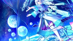 Flowers night Stars wings Anime white hair stockings long hair 