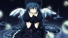 Flowers night water roses wings dress hats gloves blue hair 