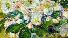 Flowers paintings impressionism yellow background white flowers 