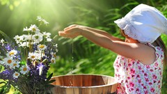 Flowers palm nature Green woman children dress chamomile water 