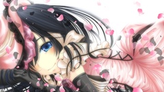 Flowers pink Anime dress hats blue eyes brunettes flower petals 