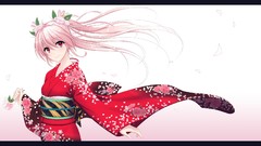 Flowers pink background red eyes pink hair smiling long hair 