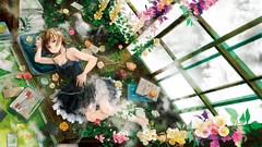Flowers Plants dress anime girls brunettes black dress lying 