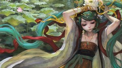 Flowers Plants dress Jewelry Ribbons long hair green eyes 