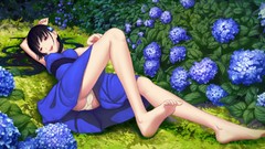 Flowers Plants dress red eyes long hair barefoot anime girls 