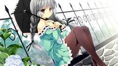 Flowers Plants Umbrellas sitting outdoors long hair anime girls 