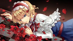 Flowers Poppies dress Ribbons blondes anime girls blue eyes 