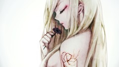 Flowers Profile Hearts blondes tattoos long hair closed eyes 