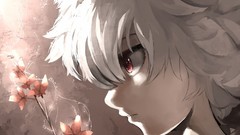 Flowers Profile white hair red eyes faces anime girls short 