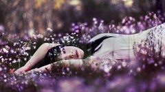 Flowers purple woman asians white dress lying down
