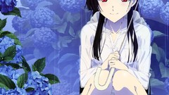 Flowers rain Anime Umbrellas red eyes long hair anime girls 