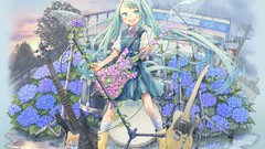 Flowers rain cats guitars long hair anime girls aqua hair aqua 