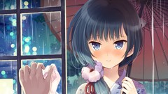 Flowers rain long hair blue eyes black hair Japanese clothes