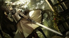 Flowers rain weapons dress drawings long hair anime girls boots