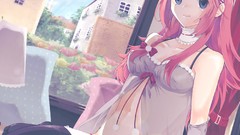 Flowers red artist Ribbons houses smiling long hair anime girls 