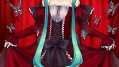 Flowers red Butterflies roses dress red dress bows long hair 