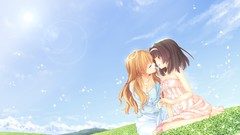 Flowers red eyes anime girls skies yuri original characters