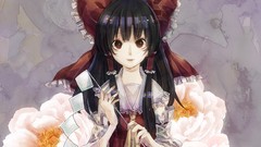 Flowers red eyes bows long hair hakurei reimu touhou black hair 
