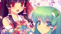 Flowers red eyes faces bows multicolor blush long hair green 