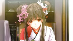 Flowers red eyes faces kimono long hair anime girls indoors 