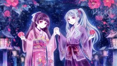 Flowers red eyes kimono anime girls gray hair purple hair 