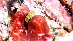 Flowers red eyes kimono long hair anime girls black hair cherry 