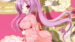 Flowers red eyes kimono wink touhou animal ears purple hair 